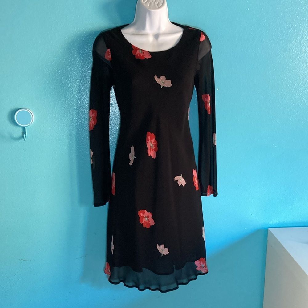 Corinne Sarrut Womens French Size 36 Fits XXS Black Floral Dress Sheer Sleeve
